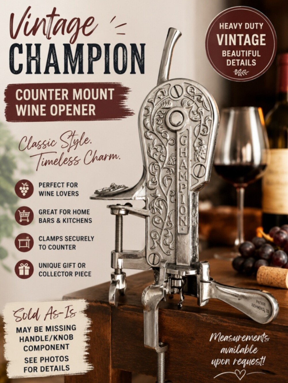 Champion Vintage-Style Counter Mount Wibe Bottle Corkscrew Opener